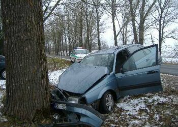 Pareigūnai aiškinasi, dėl ko nuo kelio nuvažiavo ir į medį trenkėsi automobilis „VW Passat“.