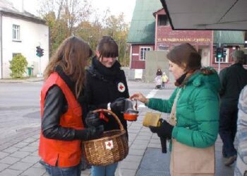 Praėjusį rudenį RK Anykščių komiteto jaunieji savanoriai anykštėnams išdalino 100 kepaliukų duonos. Nuotr. iš RK archyvo.