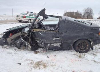 Avarijos metu automobilis stipriai sudaužytas.