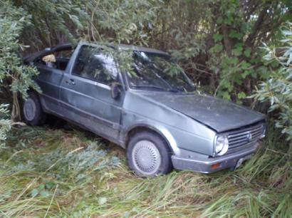 Krūmuose stovintis automobilis nuo kelio vos pastebimas. Autoriaus nuotr.