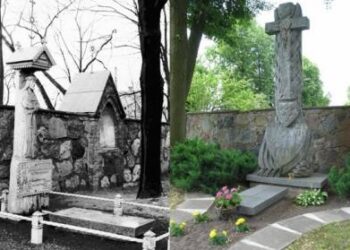 Pirmasis antkapinis paminklas ant kun. Jurgio Žitkevičiaus kapo, Anykščių šventoriuje stovėjęs apie dešimtmetį, – medinis stogastulpis su Jėzaus Nazariečio statula (Izidoriaus Girčio nuotrauka, Irmos Randakevičienės archyvas) ir dabartinis J. Žitkevičiaus