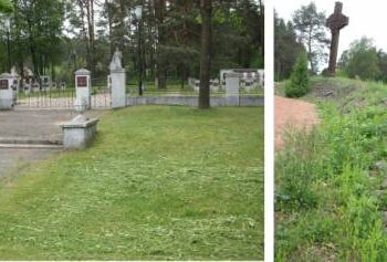 Sutvarkytos tarybinių karių kapinės ir apleista šalia jų esančių tremtiniams skirto kryžiaus aplinka. Kas valdo Anykščius?  Vidmanto ŠMIGELSKO nuotr.