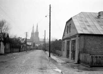 XX a. vidurio Anykščių gaisrinė tuometinėje P. Cvirkos (dabar – S. Dariaus ir S. Girėno) gatvėje, priešais Vyno gamyklą. Antano Puodžiūno nuotrauka, A. Baranausko ir A. Vienuolio-Žukausko memorialinio muziejaus rinkiniai.