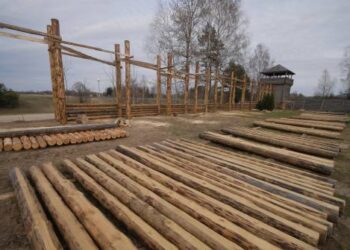 Medinės pilies statybos kol kas dar neprasidėjo, tačiau papilio teritorijoje intensyviai plečiama istorinių žaidimų aikštelė.Jono JUNEVIČIAUS nuotrauka