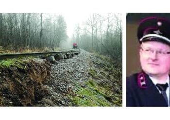 Taip atrodo siauruko atkarpa, kuri sugadins siauruko turistų sezoną. Per metus šiais bėgiais keliaudovo apie 10 000 tūkstančių turistų.                                                                  Vaido PUPELIO nuotr. Laikinasis VšĮ „Aukštaitijos siaurasis geležinkelis“ direktorius Vismantas Užalinskas skaičiuoja, kad vien geologiniams slenkančio siauruko bėgių pylimo tyrimams teks išleisti 20 000 Eur.