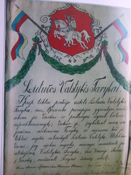 Kavarsko gyventojų pasveikinimas Lietuvos tarybai, surašytas 1918 m. rudenį. Nuotr. iš albumo