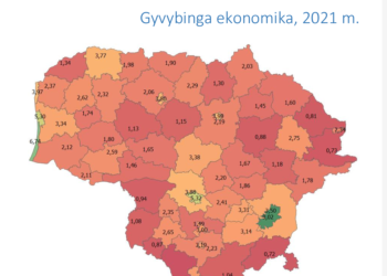 Vilniaus politikos analizės instituto sudarytas 2022 Lietuvos savivaldybių gerovės indeksas. Kuo spalva indekse raudonesnė, o skaičius mažesnis - tuo padėtis savivaldybėje blogesnė.