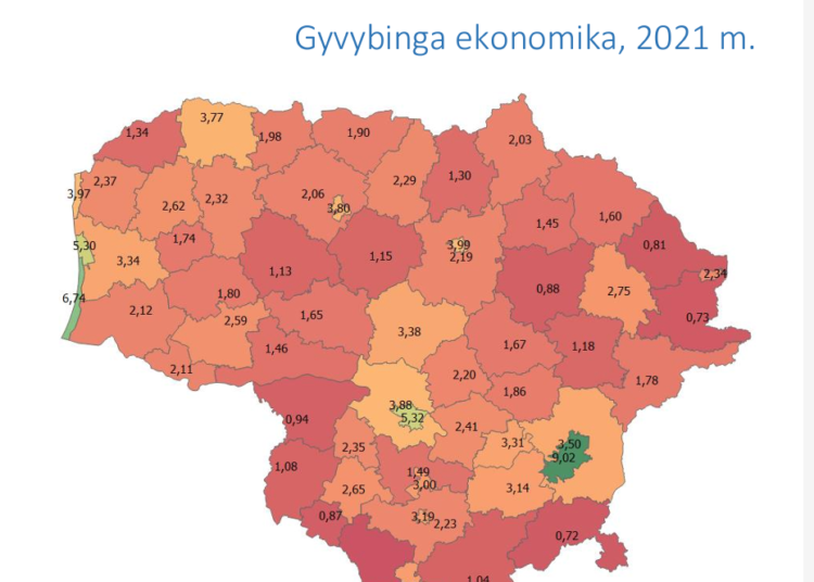 Vilniaus politikos analizės instituto sudarytas 2022 Lietuvos savivaldybių gerovės indeksas. Kuo spalva indekse raudonesnė, o skaičius mažesnis - tuo padėtis savivaldybėje blogesnė.