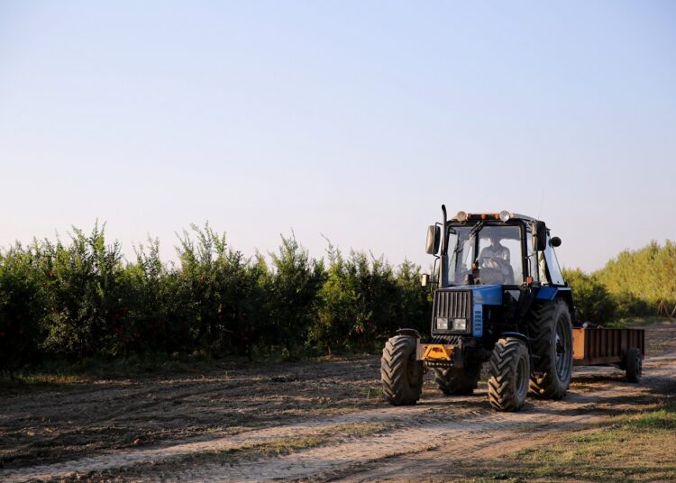 man driving tractor through field