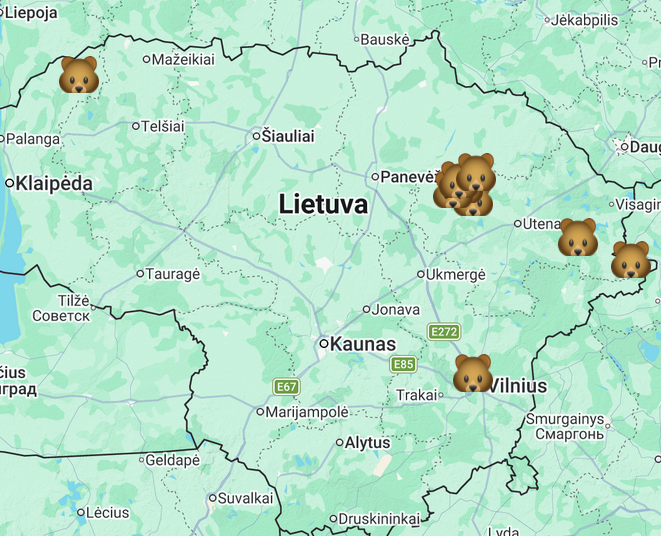 Lietuvoje pastbėtų meškų žemėlapis.